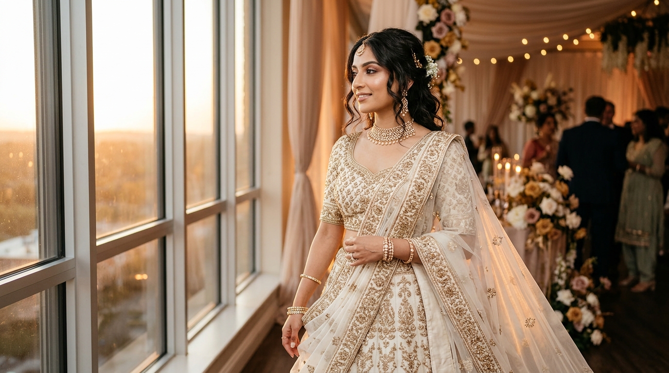 Bride in soft golden light wearing an ivory embroidered bridal gown