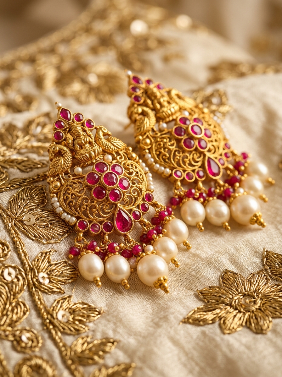 Gold bridal earrings resting on embroidered ivory silk