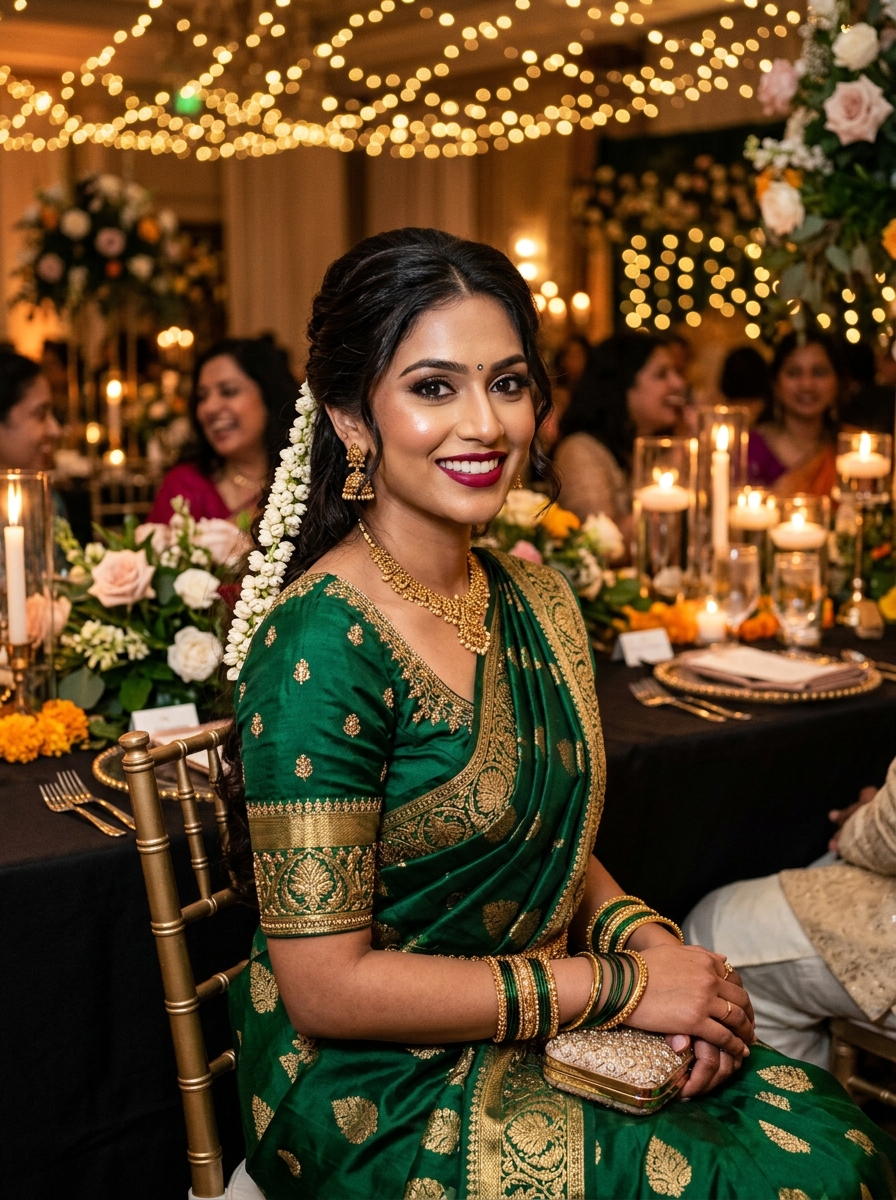 Guest in an emerald saree with refined occasion makeup at an evening celebration