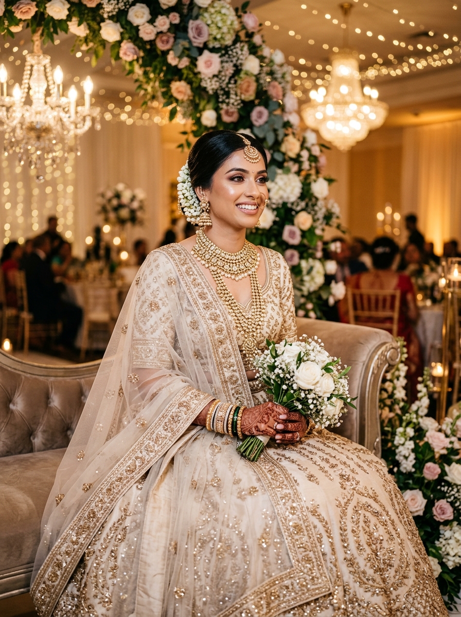 Bride in a champagne reception gown with soft glam makeup