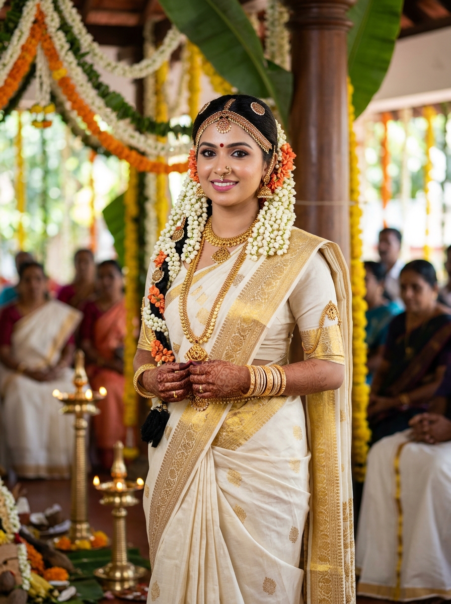 Kerala bride in white and gold kasavu saree with jasmine and traditional makeup