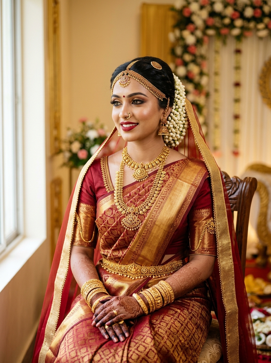 Bride in red and gold bridal attire wearing elegant bridal makeup