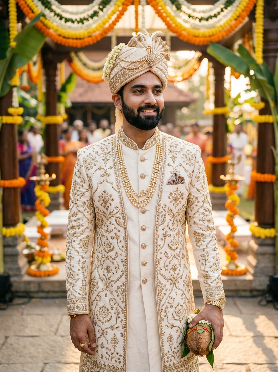 Groom in a cream sherwani with subtle natural grooming makeup