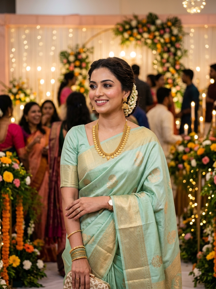 Wedding guest in a pastel saree wearing soft occasion makeup